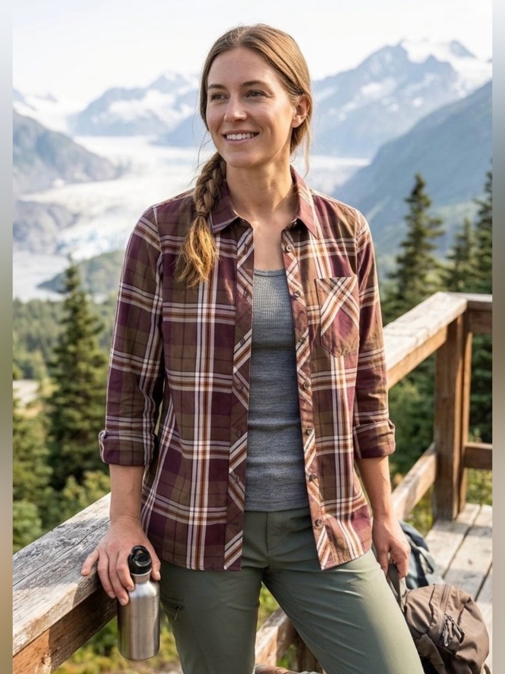 Duluth Trading Co. AKHG Women’s Plaid Button-Up Shirt - Burgundy Plaid Sz M